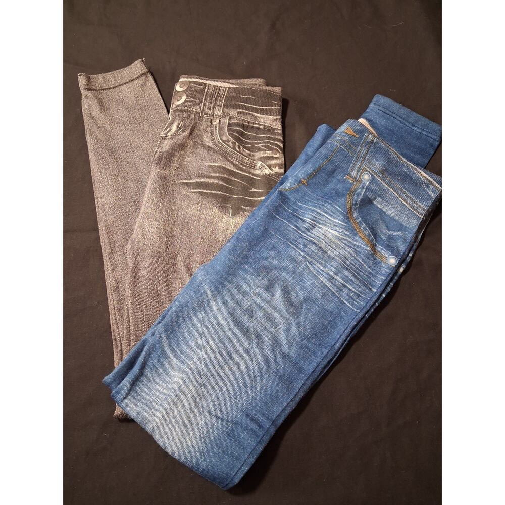 Genie Slim Jeggings Stretch Knit Leggings Gray Blue S-M Polyester Spandex (Both)